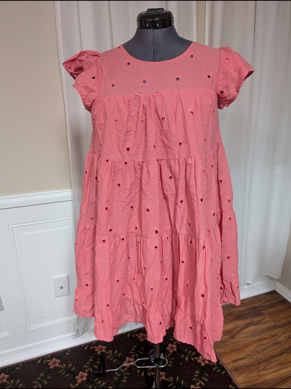 Simply Southern Coral Pink Eyelet Tiered Dress with Flutter Sleeves